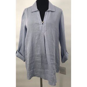 Ellen Tracy Chambray Blue Linen Blouse Tunic Pop Over Top Roll‎ Tab Sleeves M